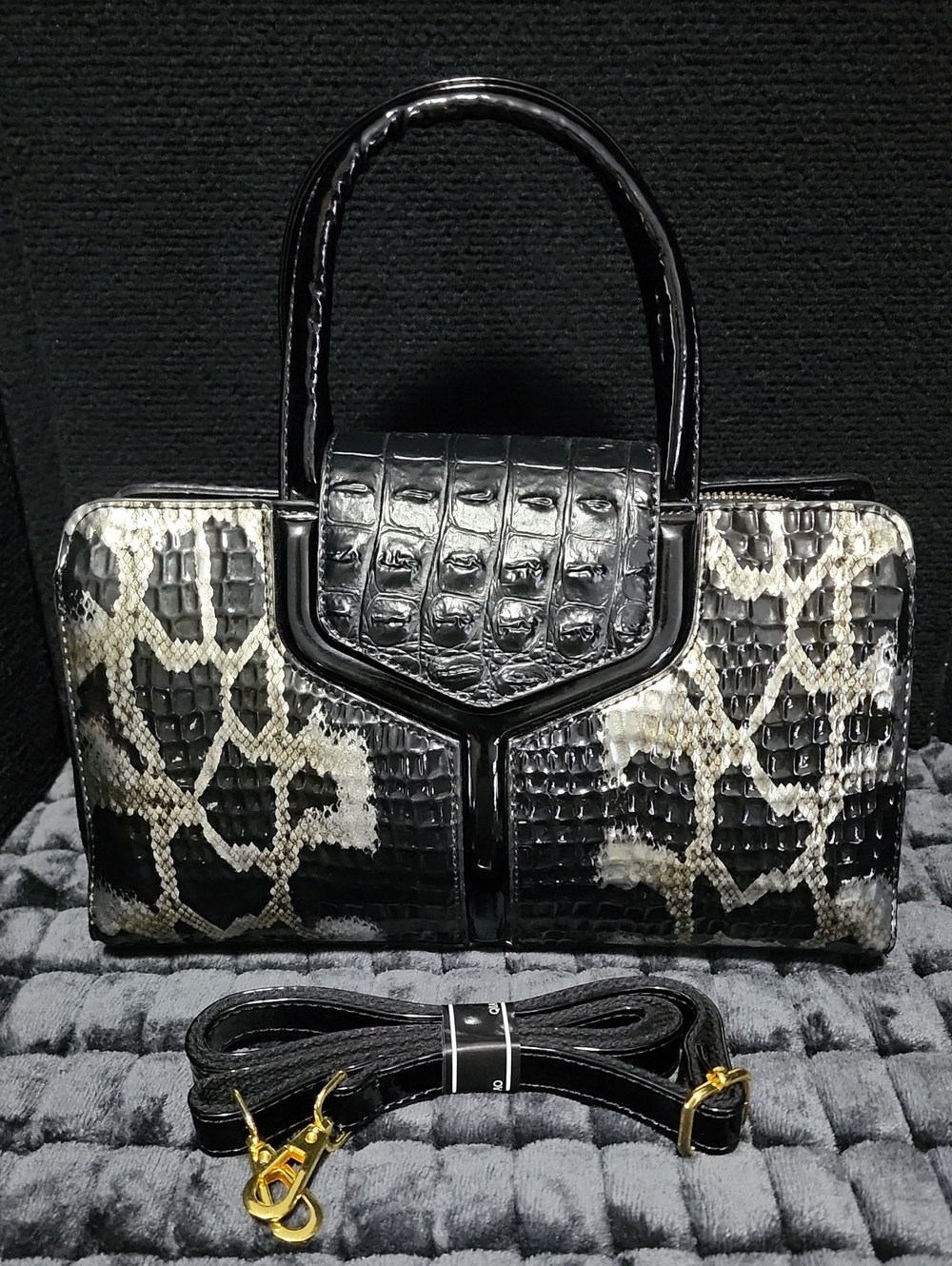 NWOT Black Faux-Croc & Snake-Print Top-Handle Bag